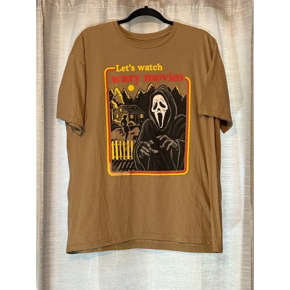 Ghost Face Lets Watch Scary Movies Graphic T-Shirt Tan Mens XL Scream Horror